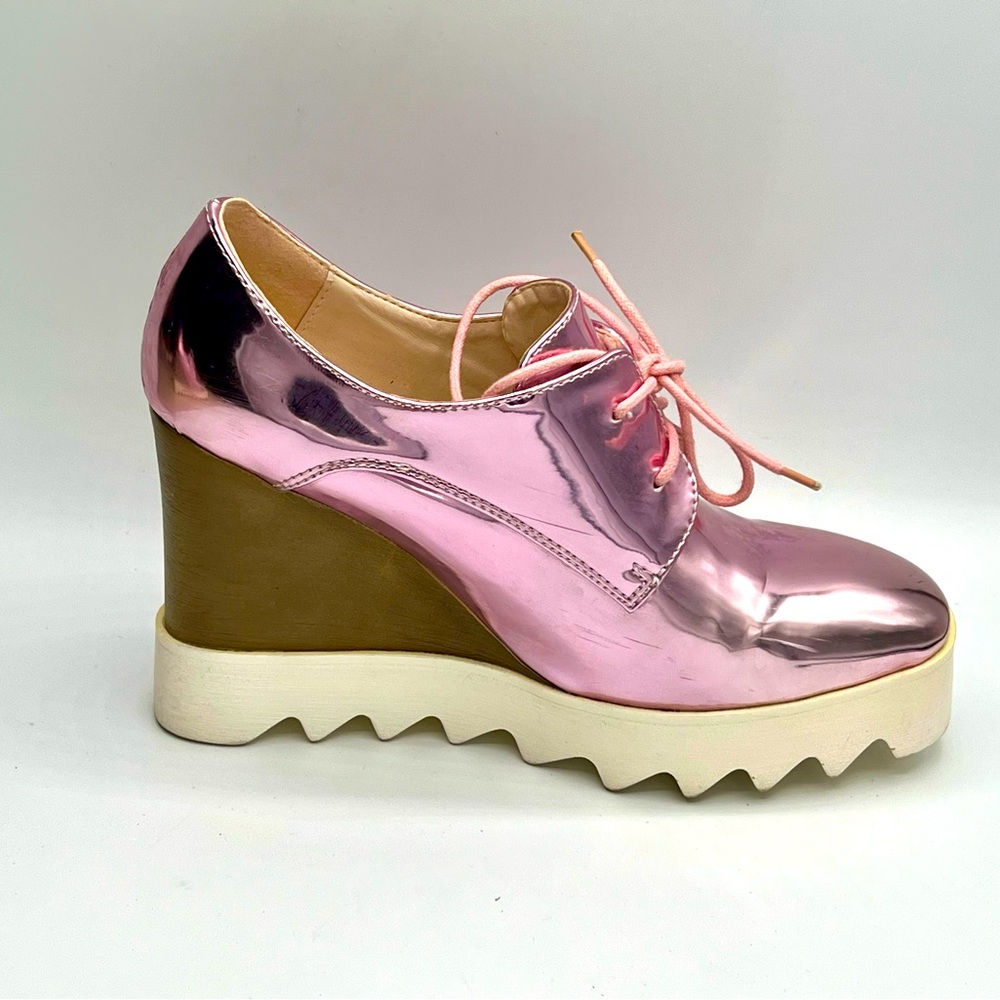 Womens Brogue Patent Leather Wedge Heels Creepers Pink Punk Shoes US 7/EU 37 - Picture 4 of 8